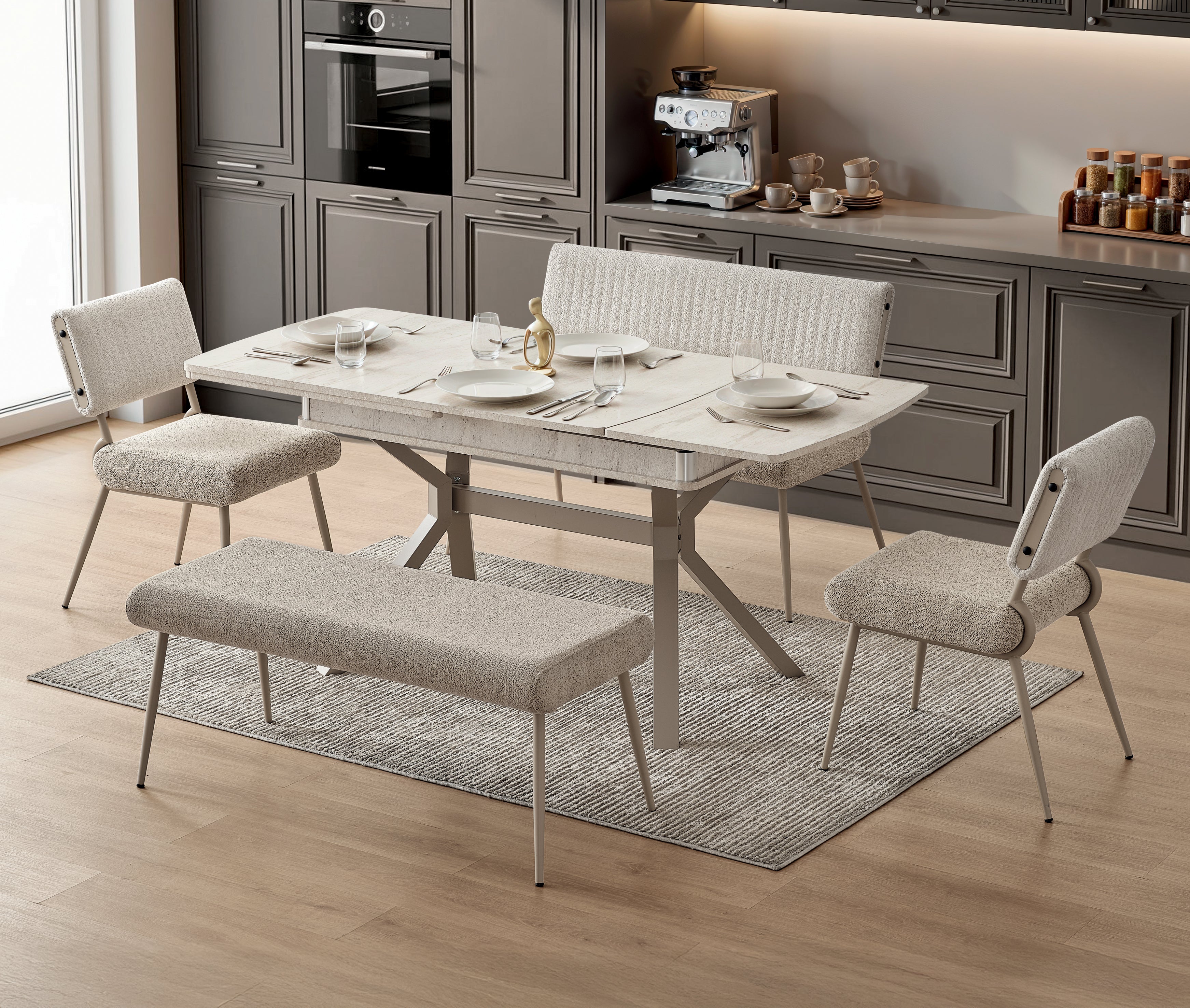 Eva Dining Table (Extandable) + 2 Bench + 2 Chairs