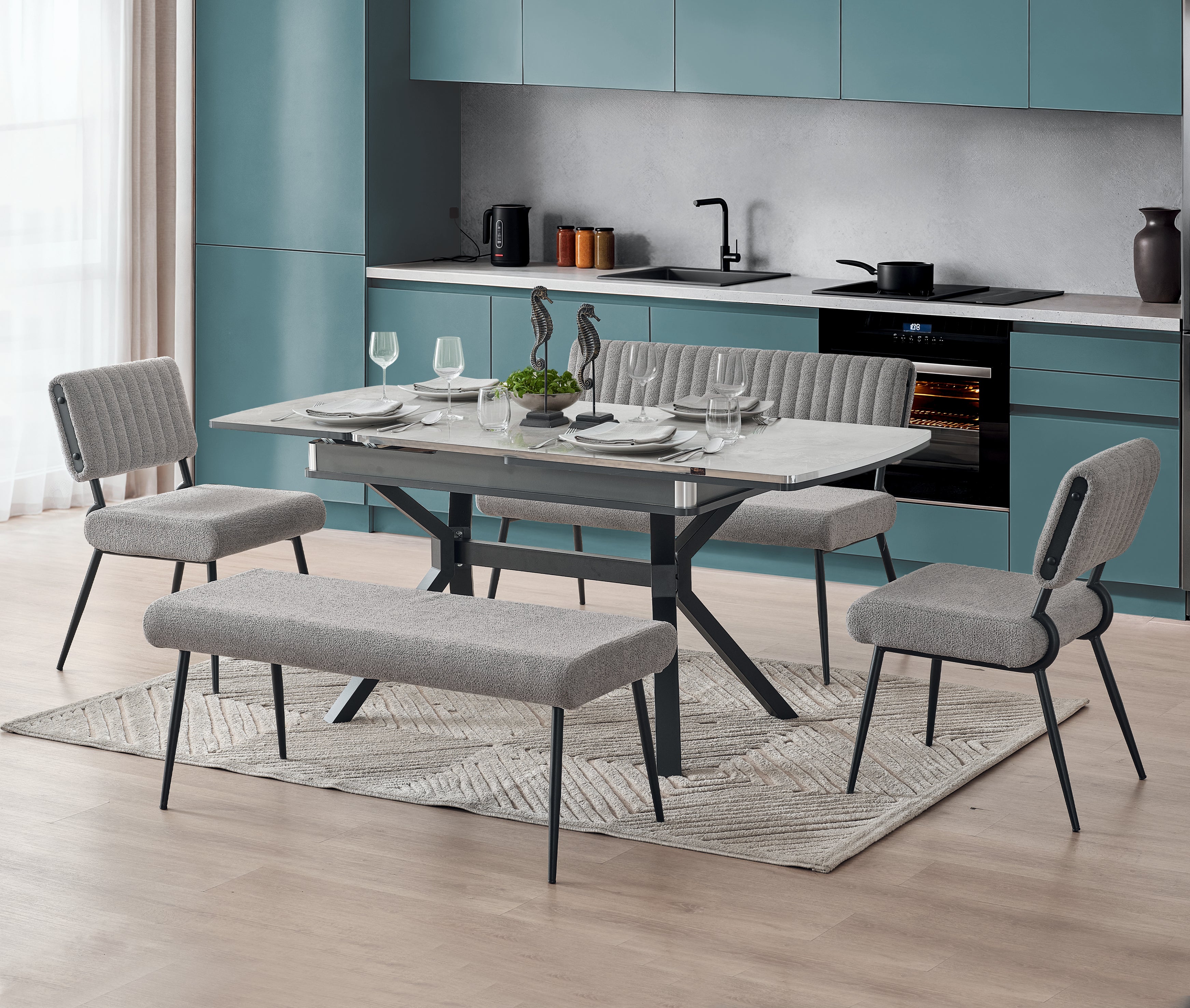 Eva Dining Table (Extandable) + 2 Bench + 2 Chairs